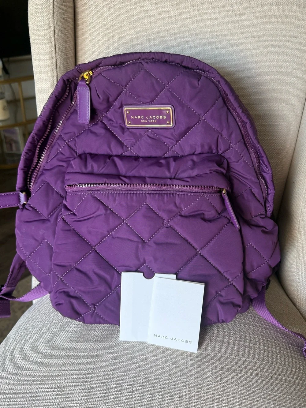 Marc Jacobs Purple Quilted Nylon Backpack Gold Hardware Travel Bag